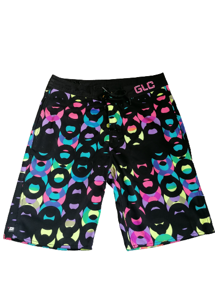 Galice swimming trunks / swimming shorts. Black pink blue purple print. Size L. #601
