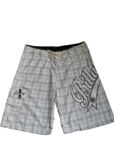 Billabong Bajuelos de natación / pantalones cortos de natación. Blanco gris cuadrado con impresión. Tamaño W38. #601