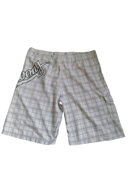 Billabong Bajuelos de natación / pantalones cortos de natación. Blanco gris cuadrado con impresión. Tamaño W38. #601