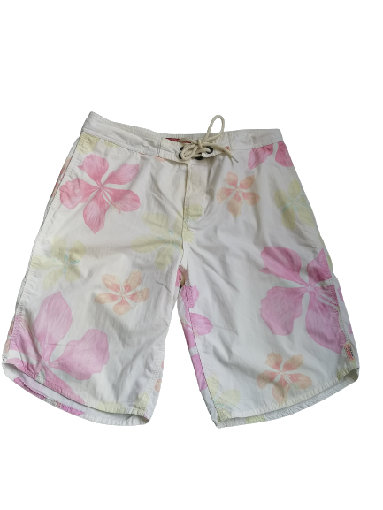 Trunks/ pantalones cortos de natación de whisky whisky y refrescos. Beige amarillo rosa flores estampado. Tamaño S. #601