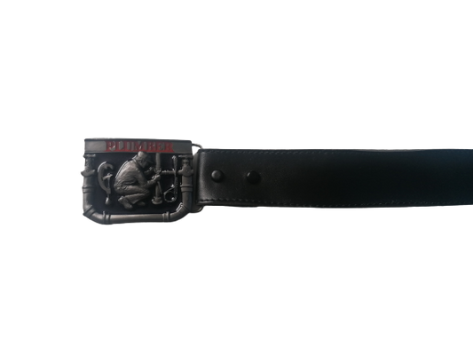 Cintura in pelle vintage con fibbia "idraulica" di ferro. Colore nero. 92 cm