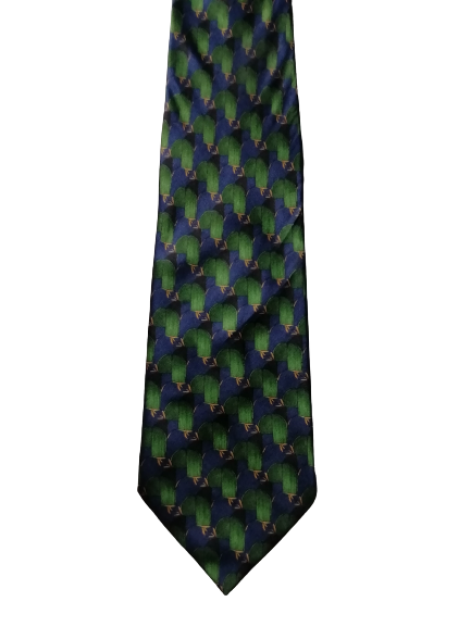 Lanvin Paris silk tie. Green yellow blue motif.