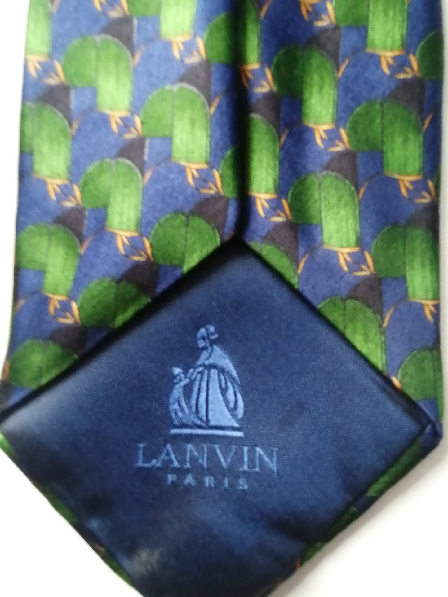 Lanvin Paris zijden stropdas. Groen Geel Blauw motief.