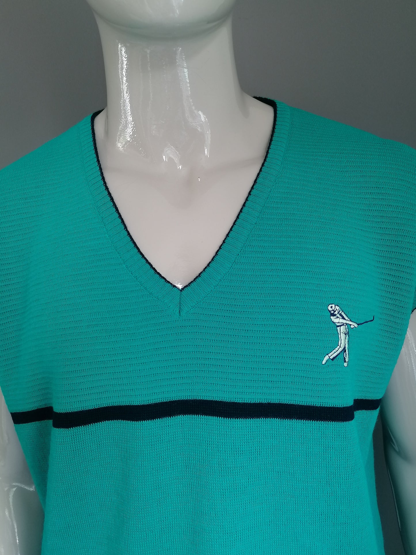 Vintage Wollen Golf spencer. Groen Blauw gekleurd. Maat XL.