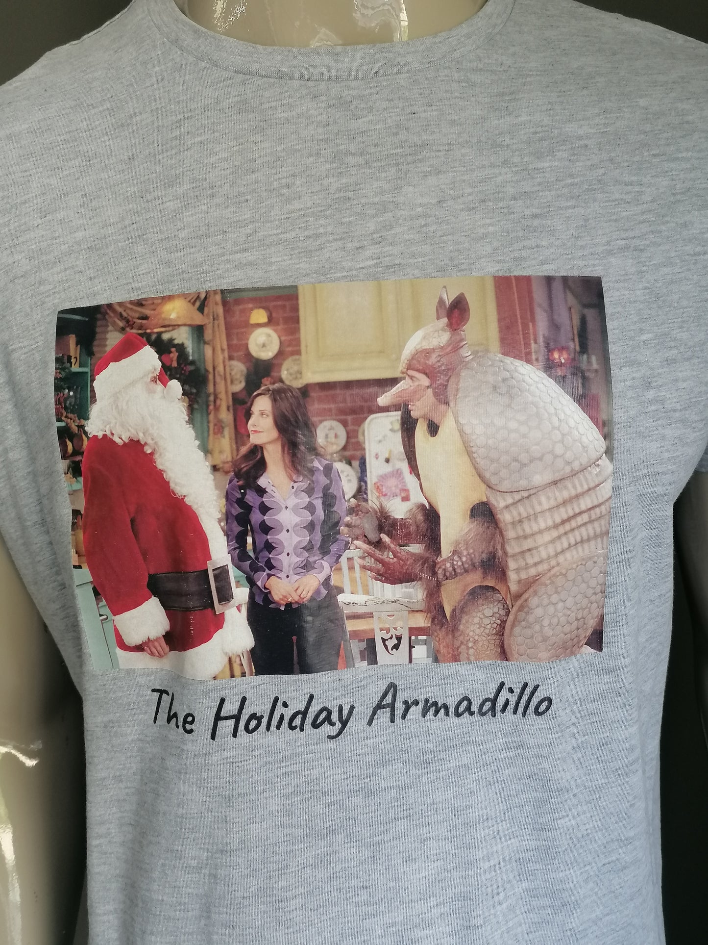 Vintage Original Friends Shirt "Holiday Armadillo". Gray with print. Size XL.
