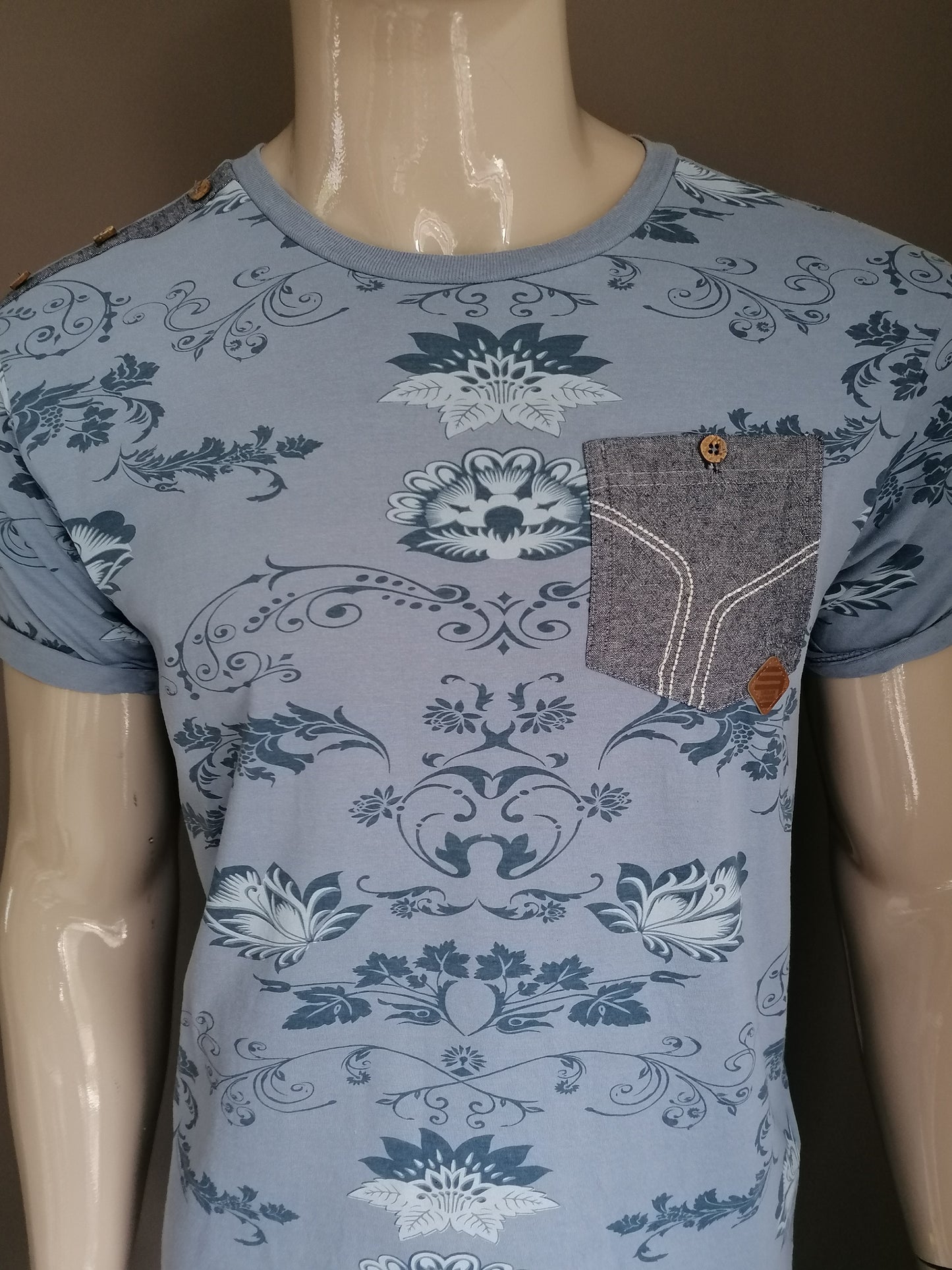 Smith & Jones shirt. Blauw Bloemen print. Maat L.