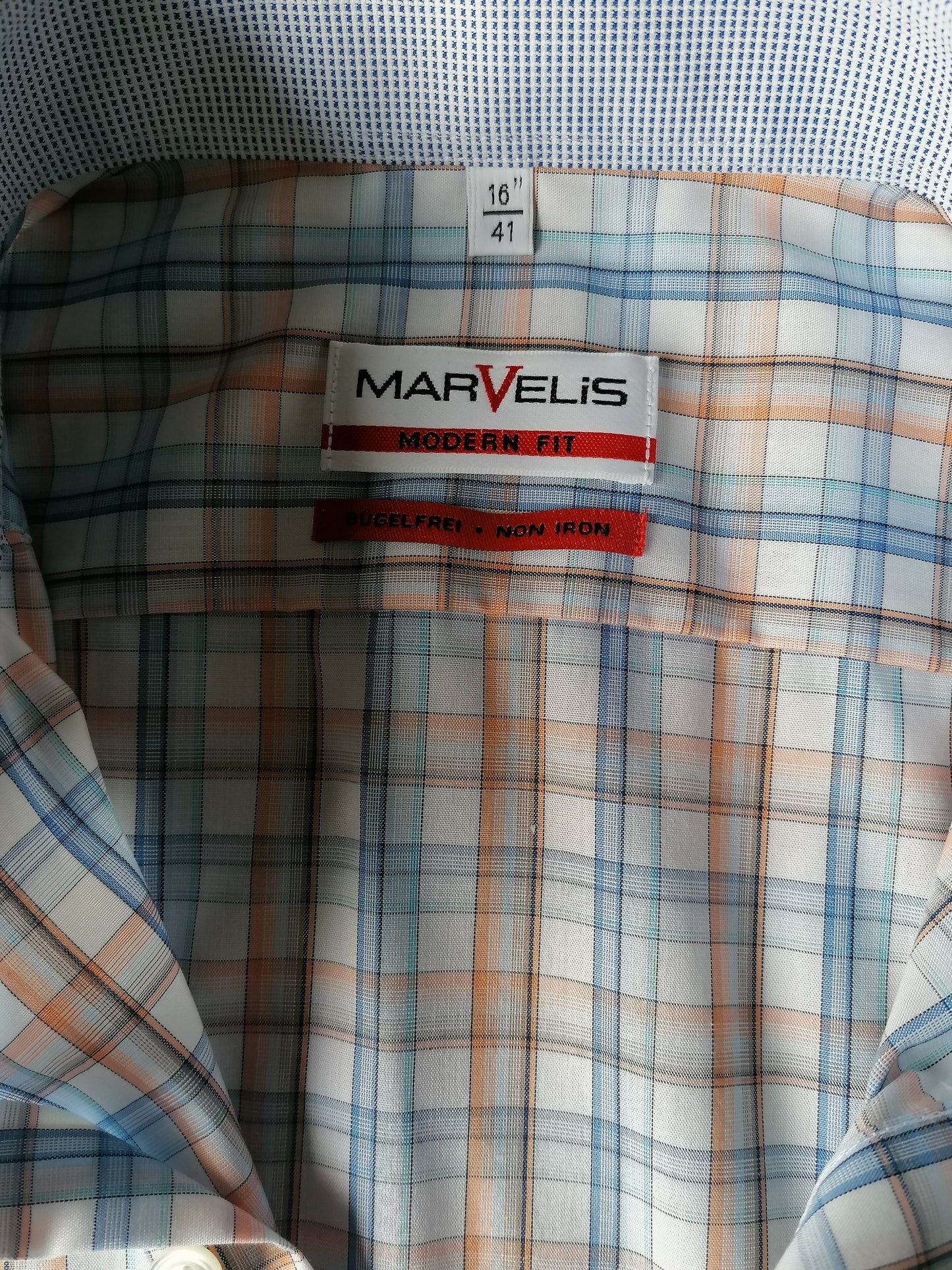 Marvelis overhemd korte mouw. Blauw Wit Oranje geruit. Maat 41 / L. Modern Fit.