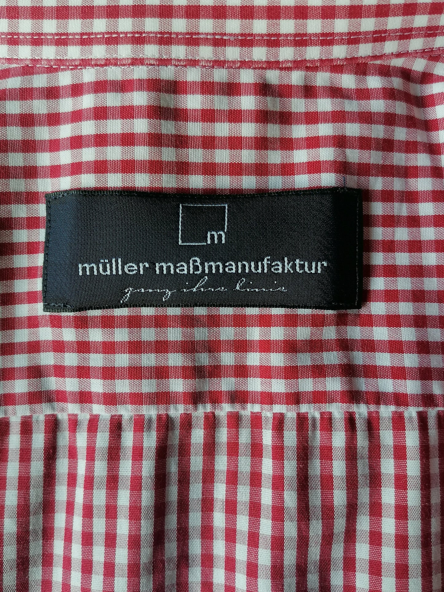 Müller Maßmanufaktur overhemd. Rood Wit geblokt. Maat XL. "FJ"