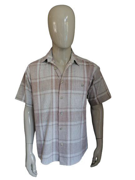 Vintage Ahlemeyer Shirt short sleeve. Larger buttons. Beige white checkered. Size XL.