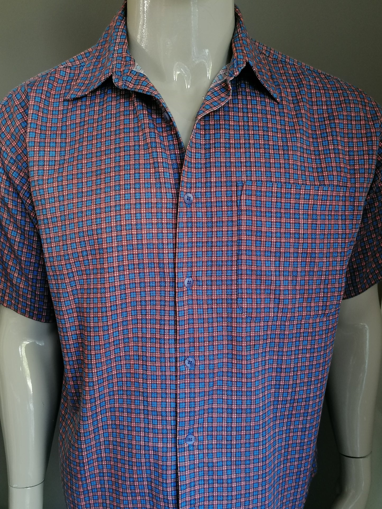 Vintage Zero overhemd korte mouw. Blauw Oranje geblokt. Maat XL.