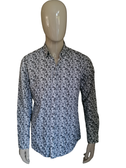 Haupted shirt. Gray white motor print. Size L. Modern Fit.