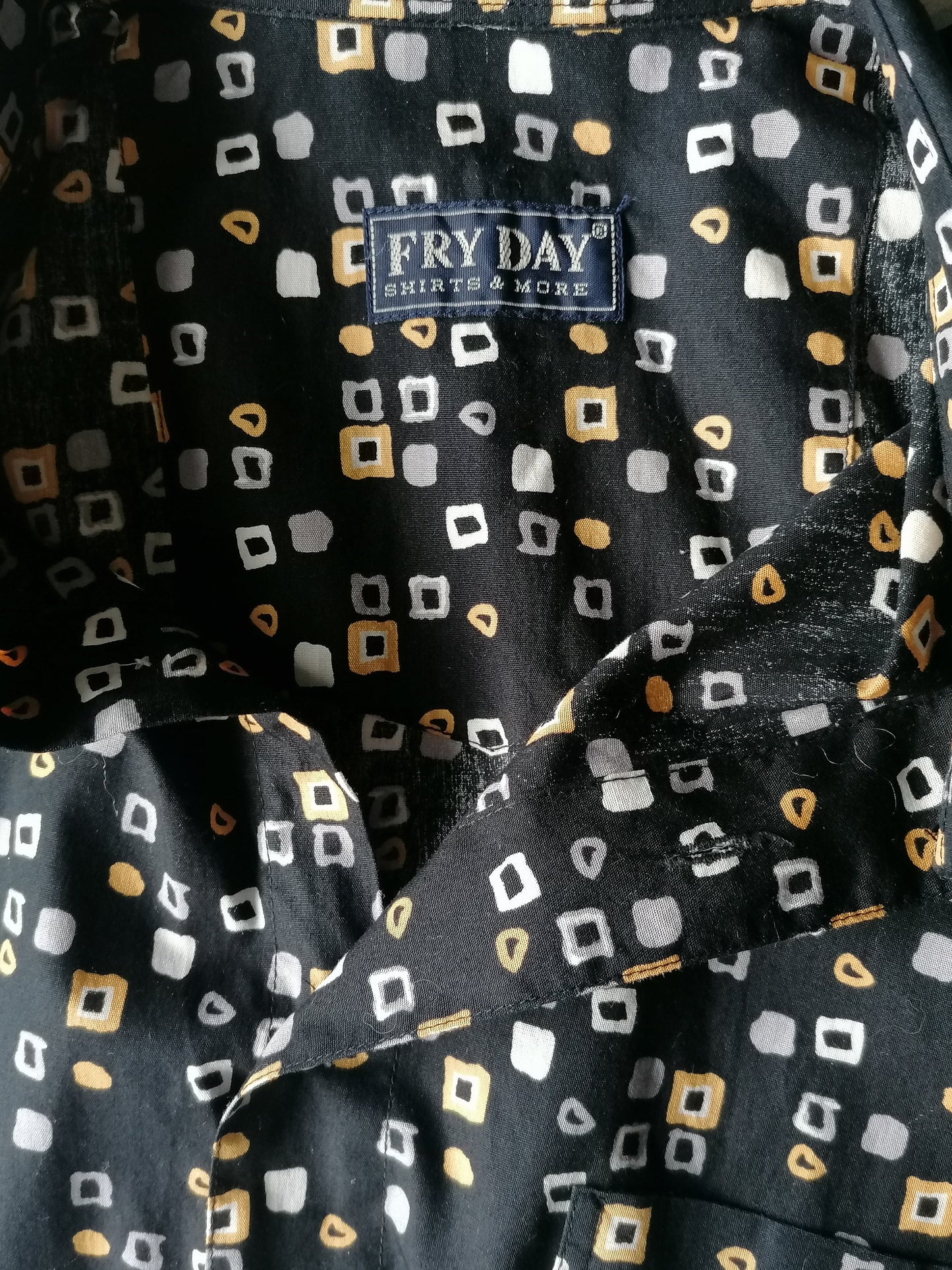 Vintage Fry Day Shirt Short Sleeve. Black yellow white gray print. Size XL.