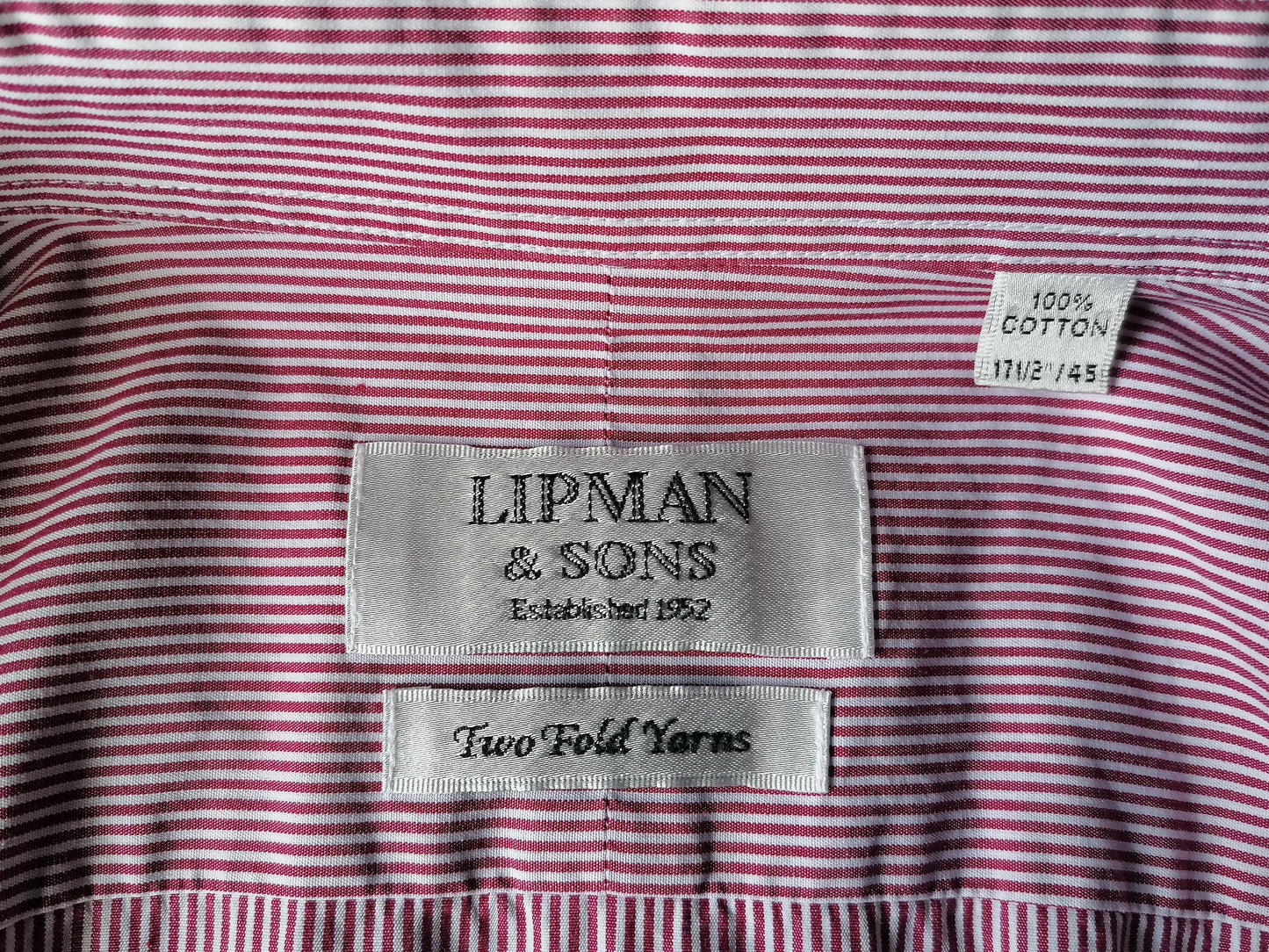 Lipman & Sons overhemd. Rood Wit gestreept. Maat 45 / XXL / 2XL. Type Manchetknoop. "Two Fold Yarn".
