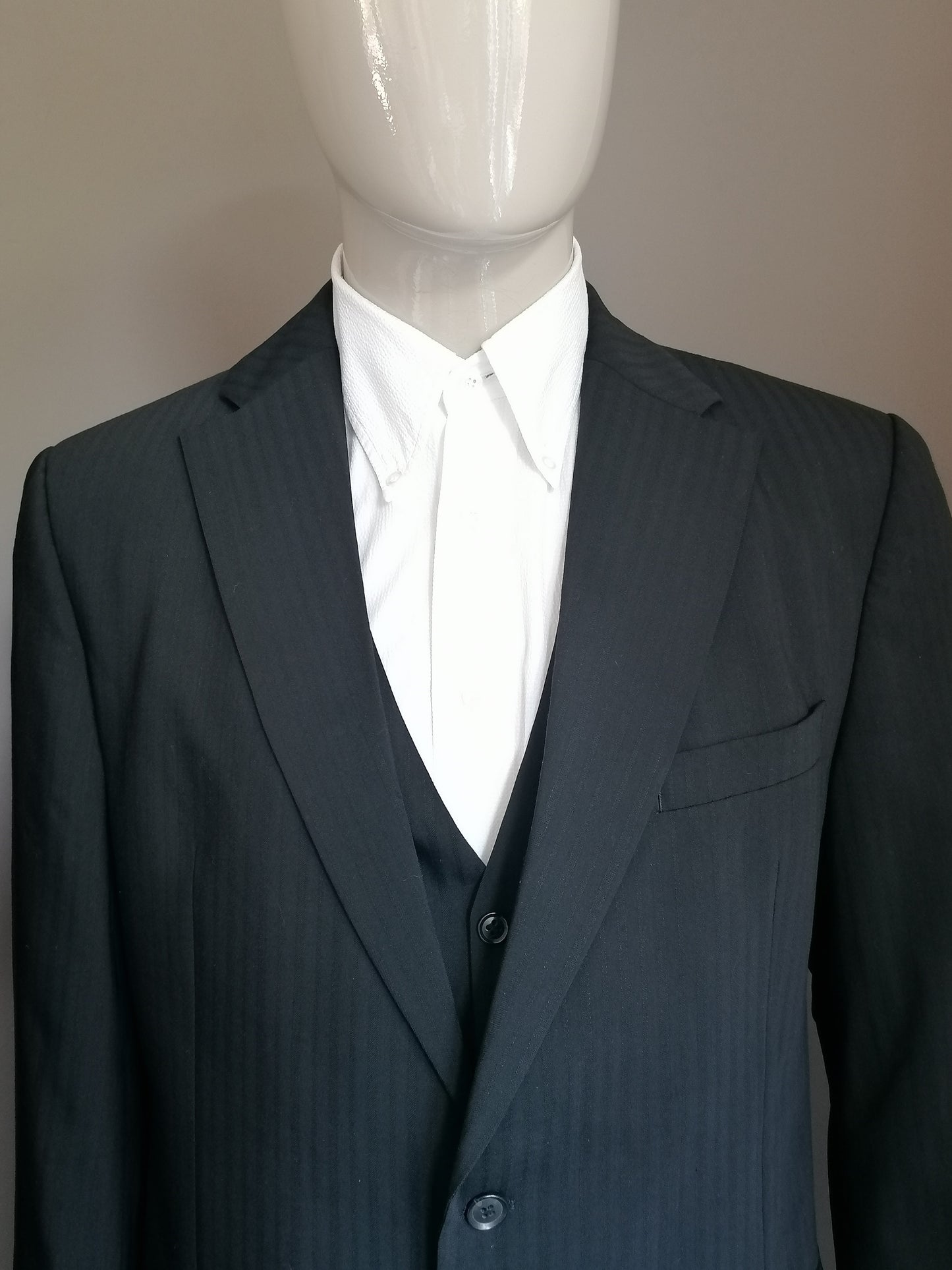Peter van Holland 3-piece wool costume. Black striped. Size 56 / XL.