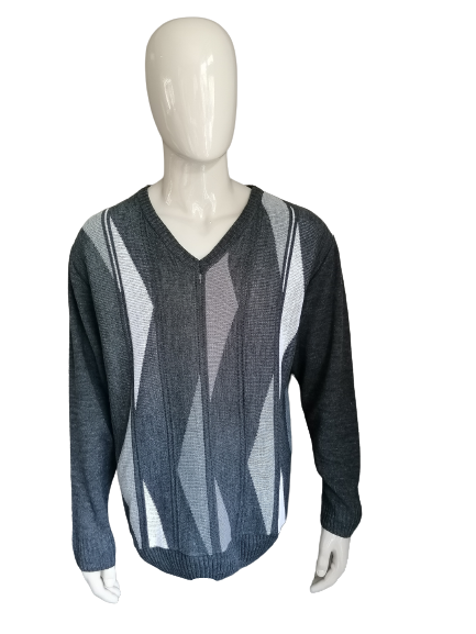 Vintage Trui. V-Hals. Grijs Wit motief. Maat XXL / 2XL.