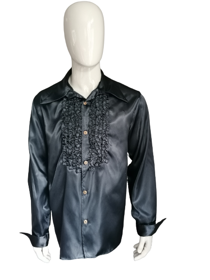 Vintage 70's shirt with ruffles and pointed collar. Black glossy. Size XL.