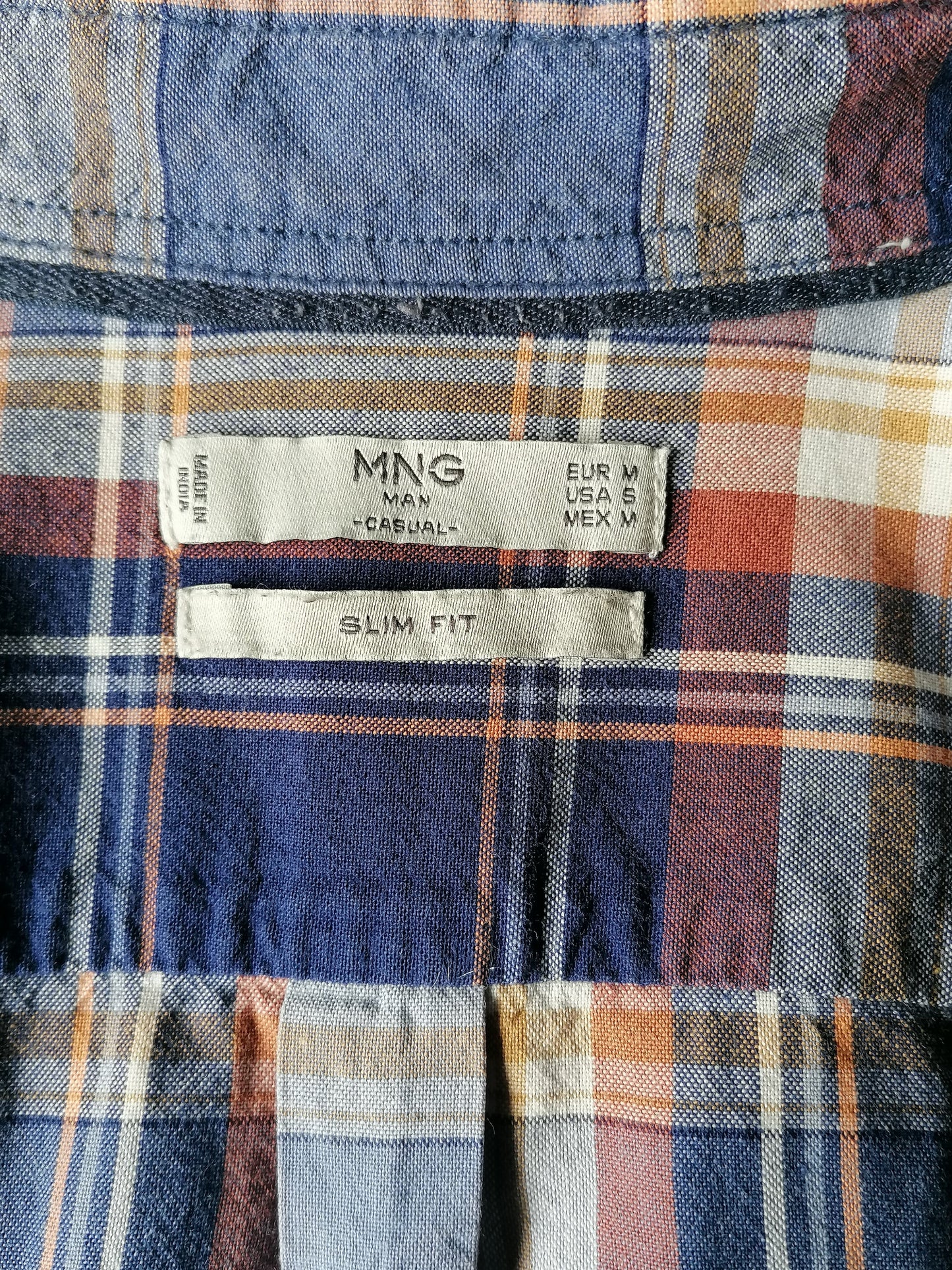 Mng man shirt. Blue orange brown checked. Size M. Slim Fit.