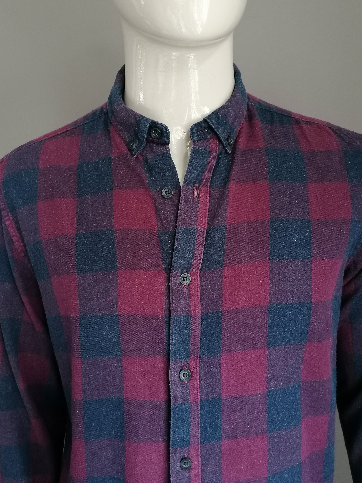 Shird & Bear Flannel Shirt. Bordeaux Blue bloqué. Taille L.