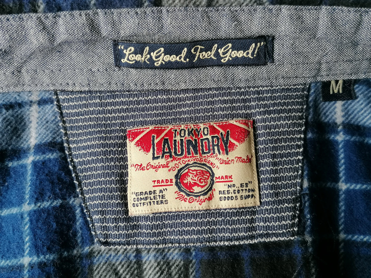 Tokyo Laundry Flanellen overhemd. Blauw Wit Zwart geruit. Maat M.