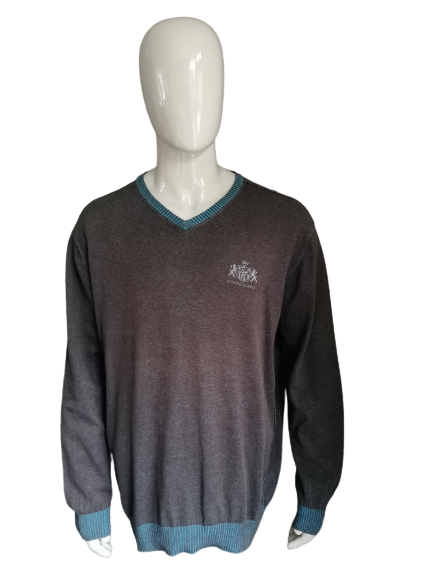State of art sweater. V-neck. Blue brown mixed. Size XXXL / 3XL.