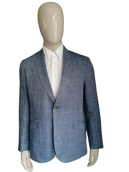 River Woods silk/linen summer jacket. Blue gray brown herringbone motif. Size 56 / XL