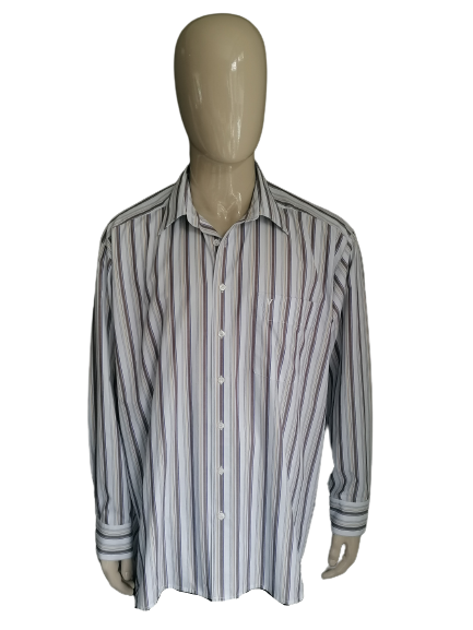 Marvelis shirt. Brown blue yellow white striped. Size 45 / 2XL >> 3XL. falls more spacious