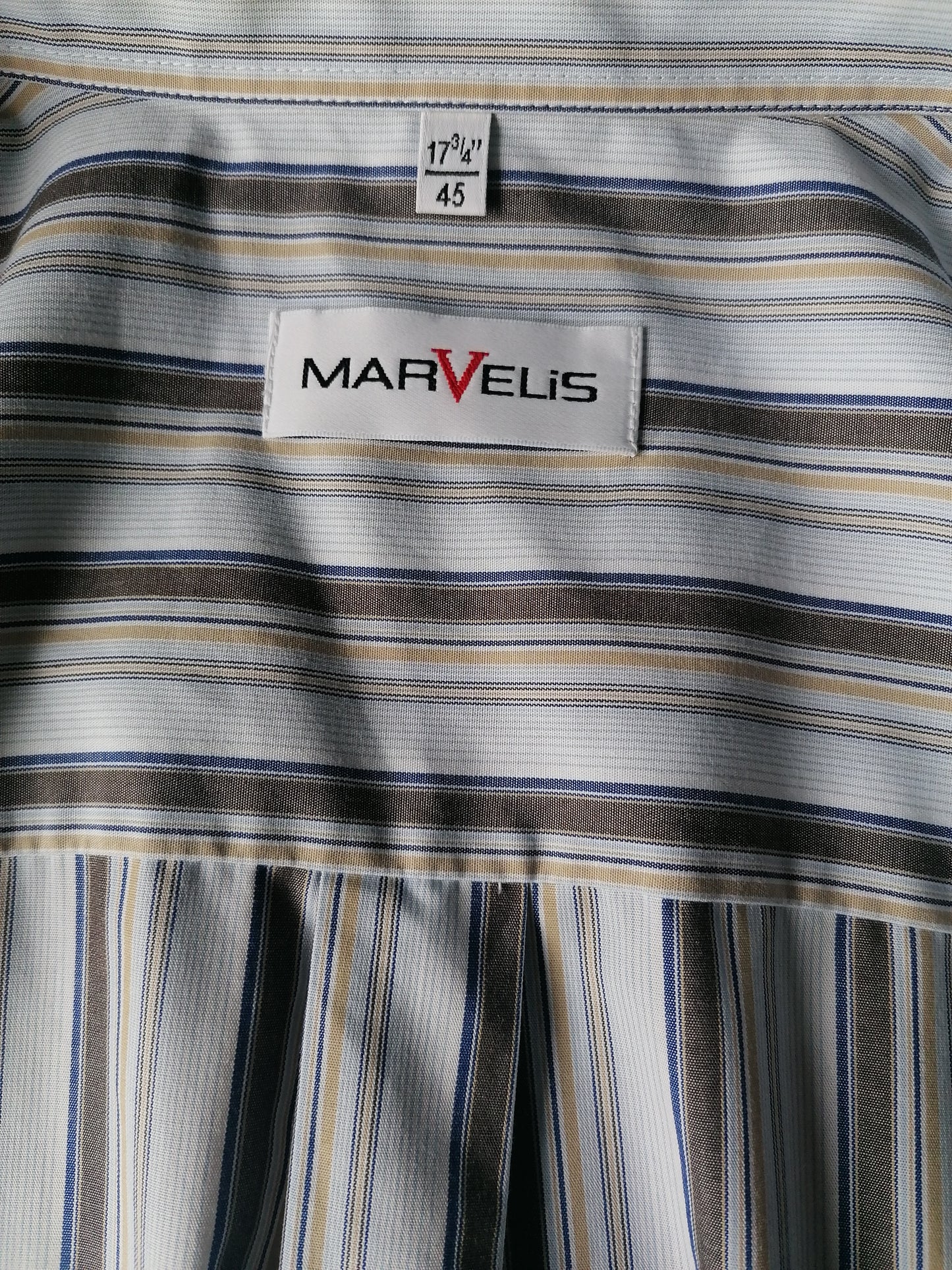 Marvelis shirt. Brown blue yellow white striped. Size 45 / 2XL >> 3XL. falls more spacious