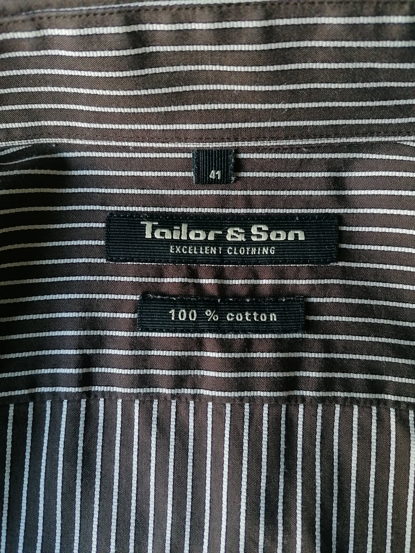 Tailor & Son overhemd. Bruin Beige gestreept. Maat 41 / L.