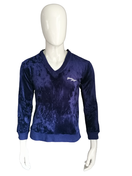 Vintage Blue Mountain Velvet / VeloR-Pullover mit V-Ausschnitt. Dunkelblau gefärbt. Größe M.