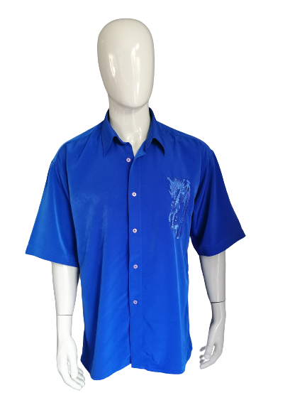 Vintage Versace V2 Shirt short sleeve. Blue with embroidered dragon image. Size XXL / 2XL.