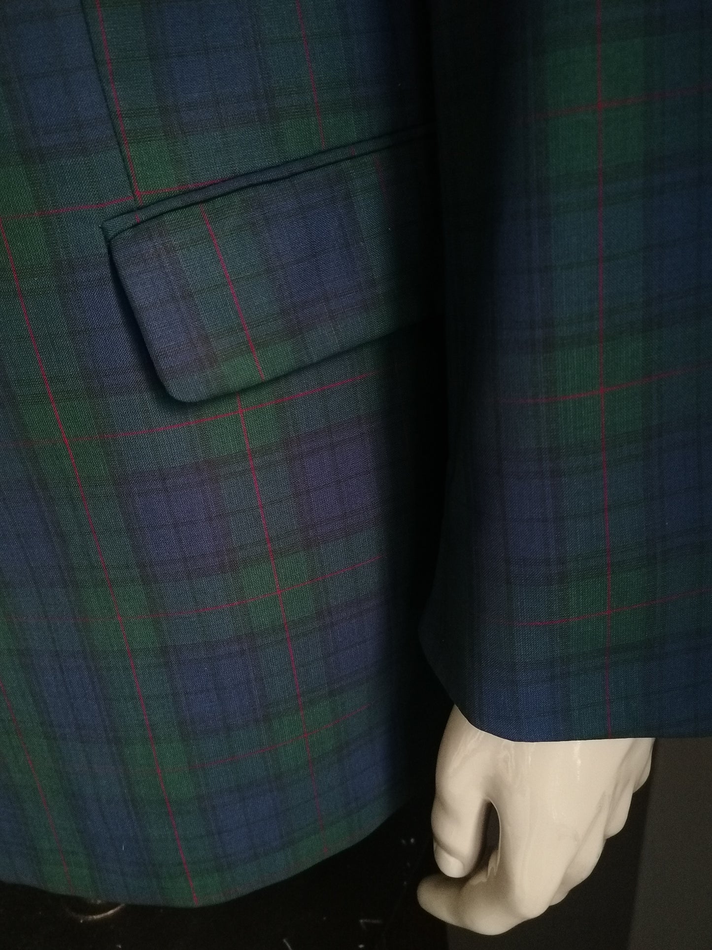 Transputo di lana di Pohland / Giacca a doppio petto. Rosso blu verde controllato. Dimensione 28 / (56 / XL)