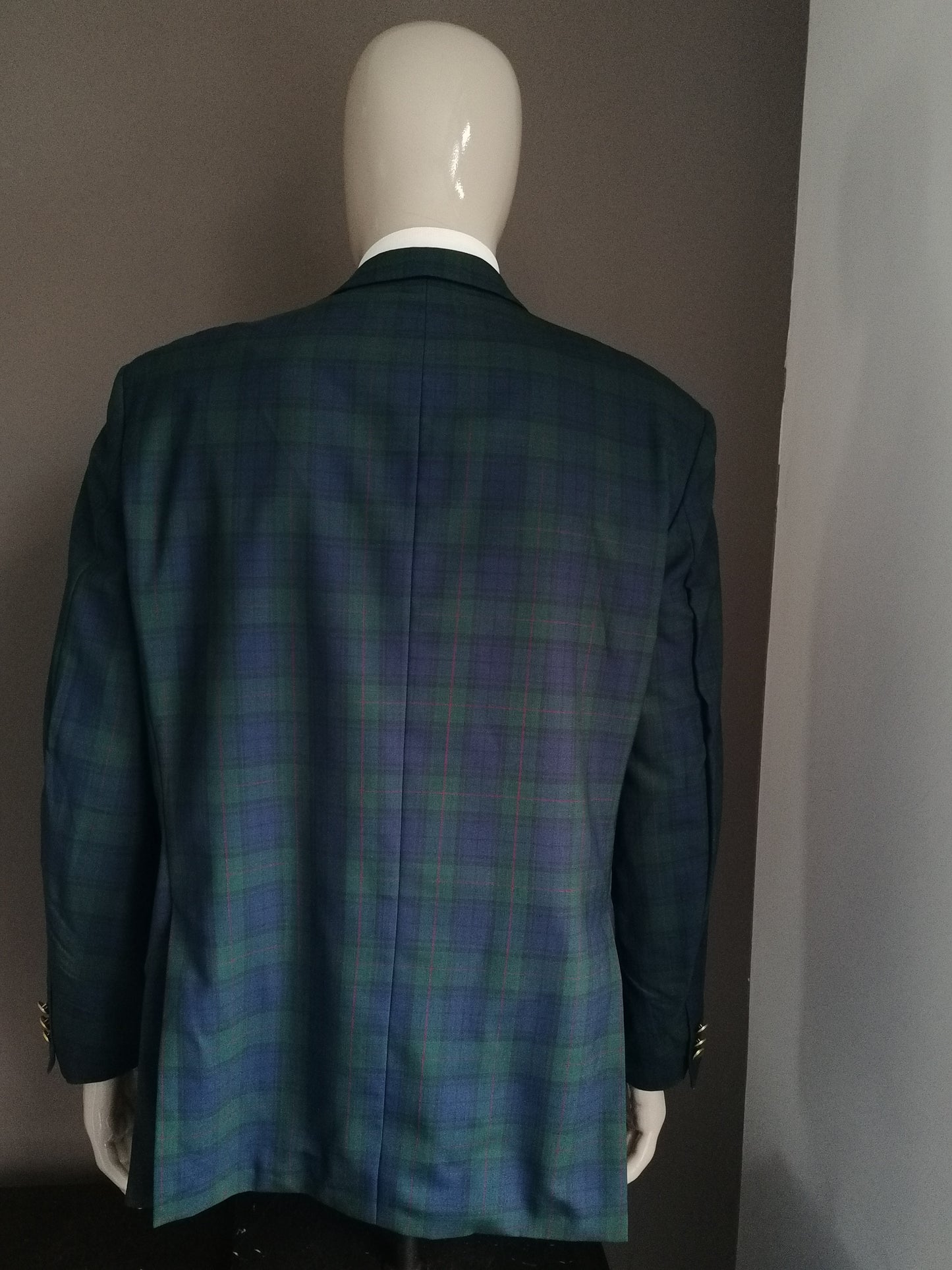 Pohland wool transhipment / double breasted jacket. Green blue red checked. Size 28 / (56 / XL)