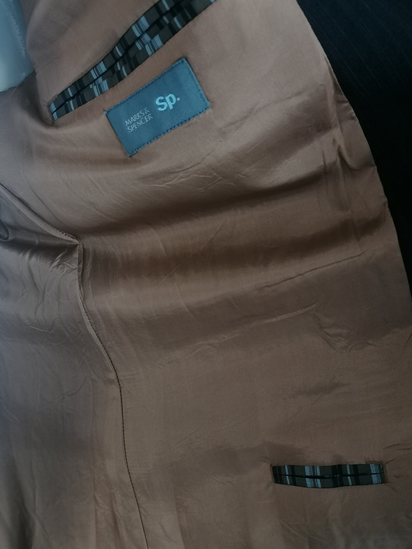 Marks & Spencer SP woolen jacket. Dark brown striped. Long model. Size 56 / XL.