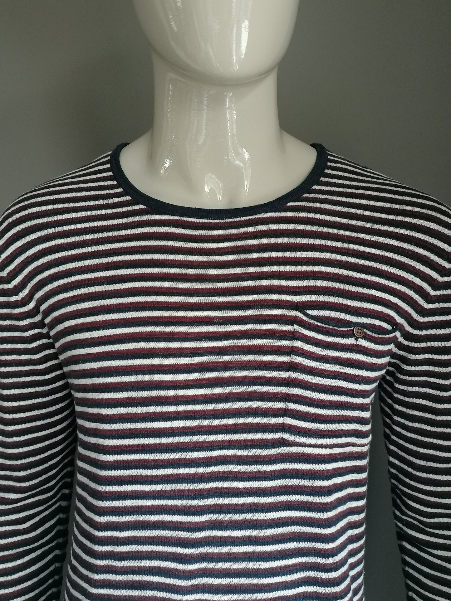 Blue ridge thin sweater. Brown blue white striped. Size L.