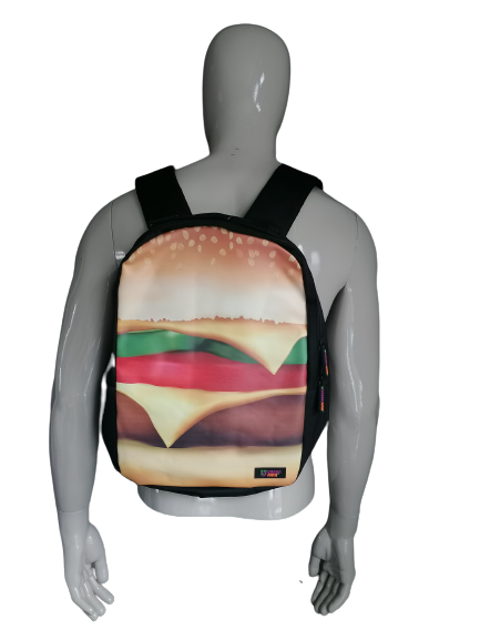 Sac à dos / sac à dos urbain. Double fermeture éclair et poche intérieure. Impression de hamburger coloré.