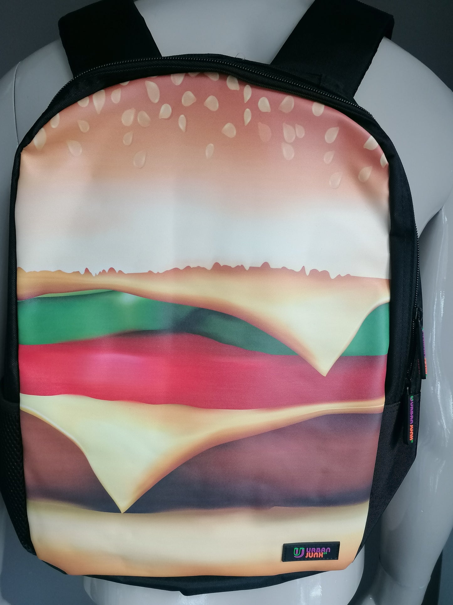 Urban junk backpack / backpack. Double zipper and inner pocket. Colorful Hamburger Print.