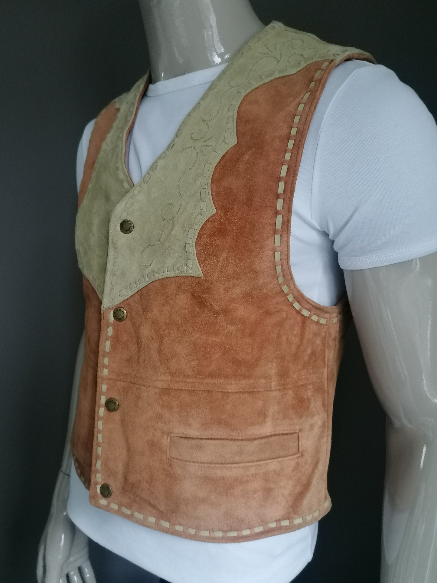Avirex suede leather waistcoat with press studs. Brown beige thick leather with stitched accent. Size M.