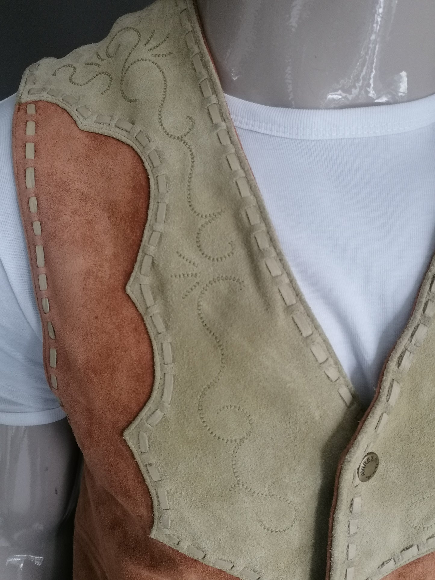 Avirex suede leather waistcoat with press studs. Brown beige thick leather with stitched accent. Size M.
