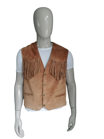 C. County leather suede waistcoat with fringes and press studs and veter accents side. Brown colored. Size L.
