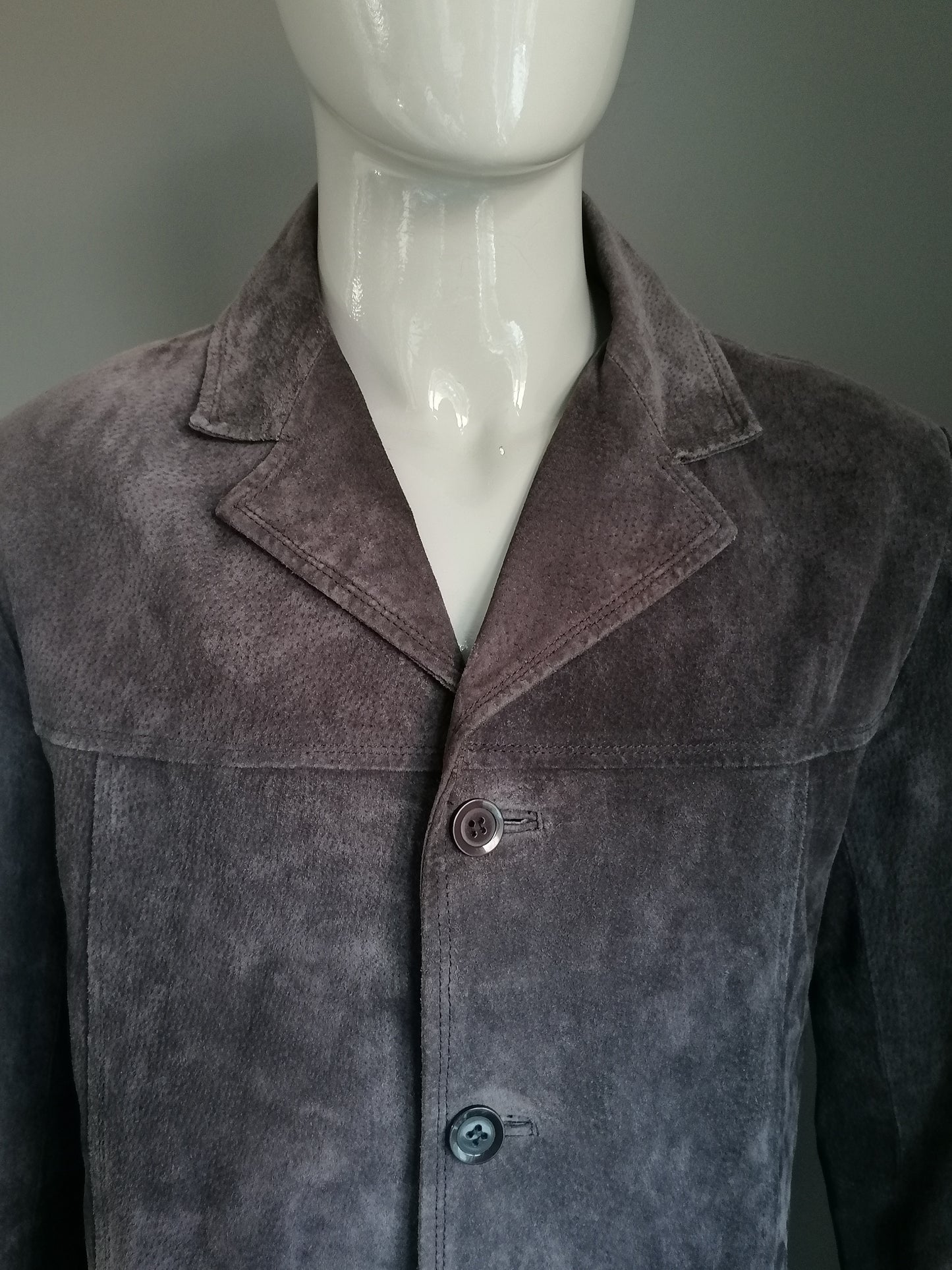 New Zona Classic Leren Suede jas met knopen. Donker Bruin gekleurd. Maat L.