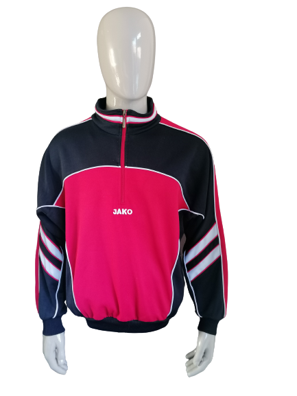 Vintage Jako 80's-90's Sport trui met rits. Rood Zwart gekleurd. Oversized L / XXL.