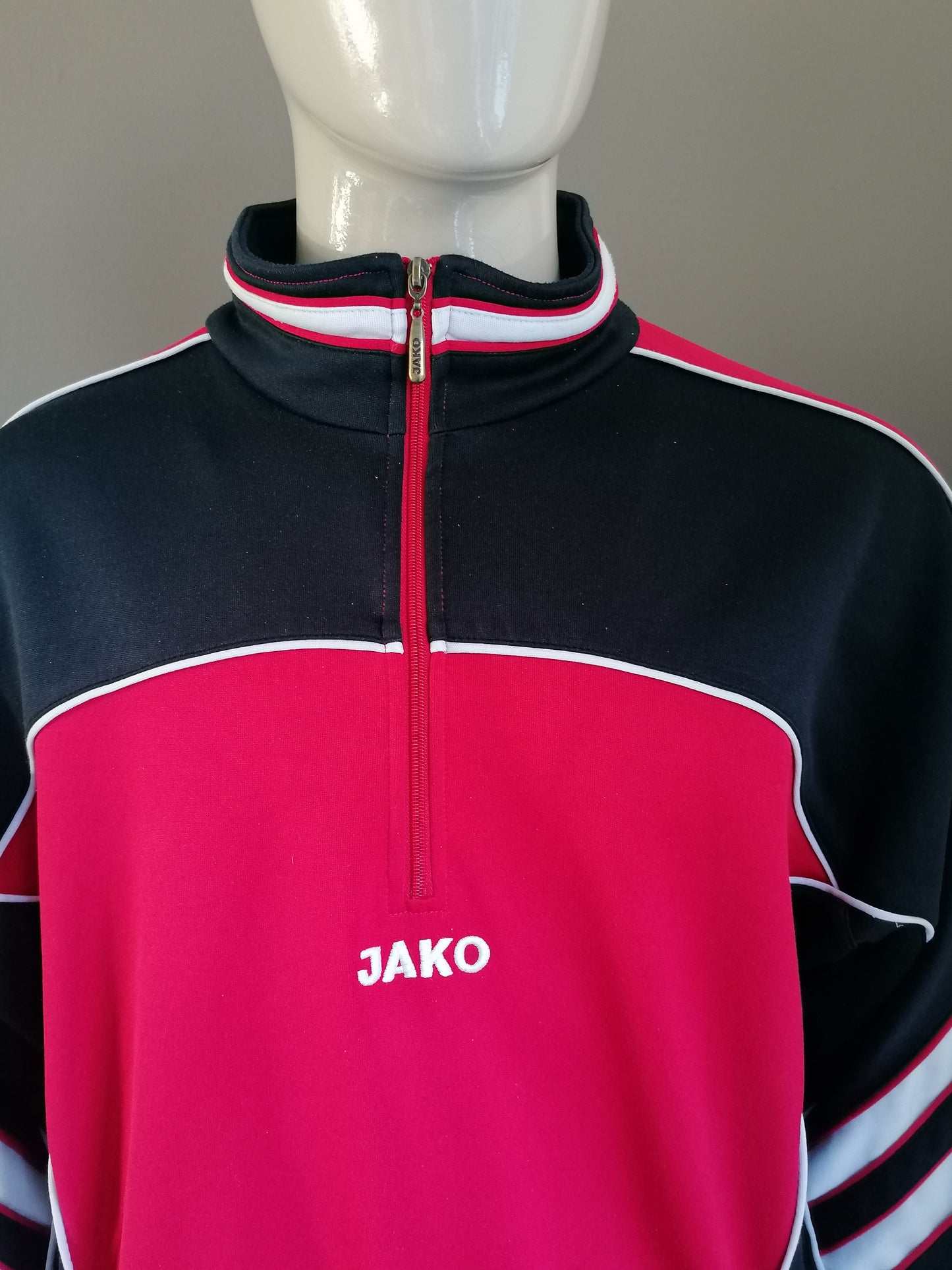 Vintage Jako 80s-90's sports sweater with zipper. Red black colored. Oversized l / xxl.