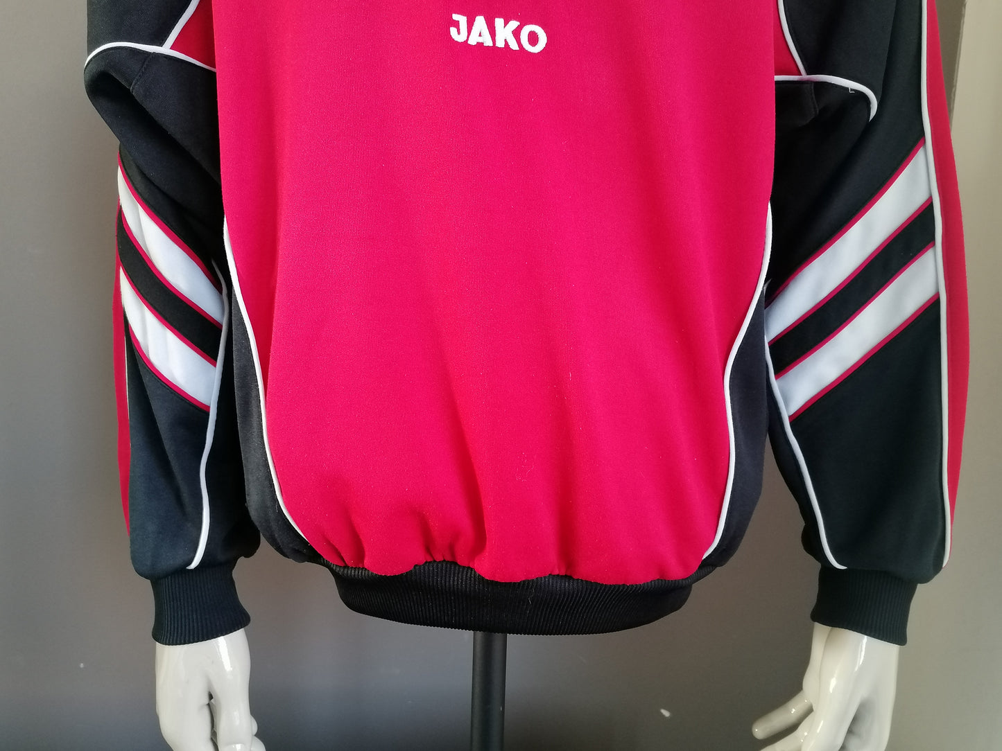 Vintage Jako 80S-90's Sports-Pullover mit Reißverschluss. Rot schwarz gefärbt. Übergroße l / xxl.