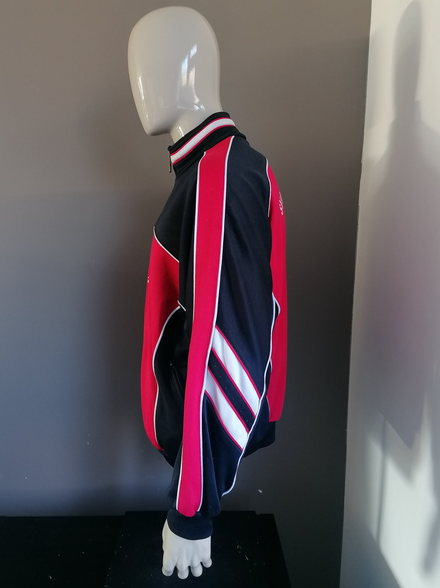 Vintage Jako 80S-90's Sports-Pullover mit Reißverschluss. Rot schwarz gefärbt. Übergroße l / xxl.
