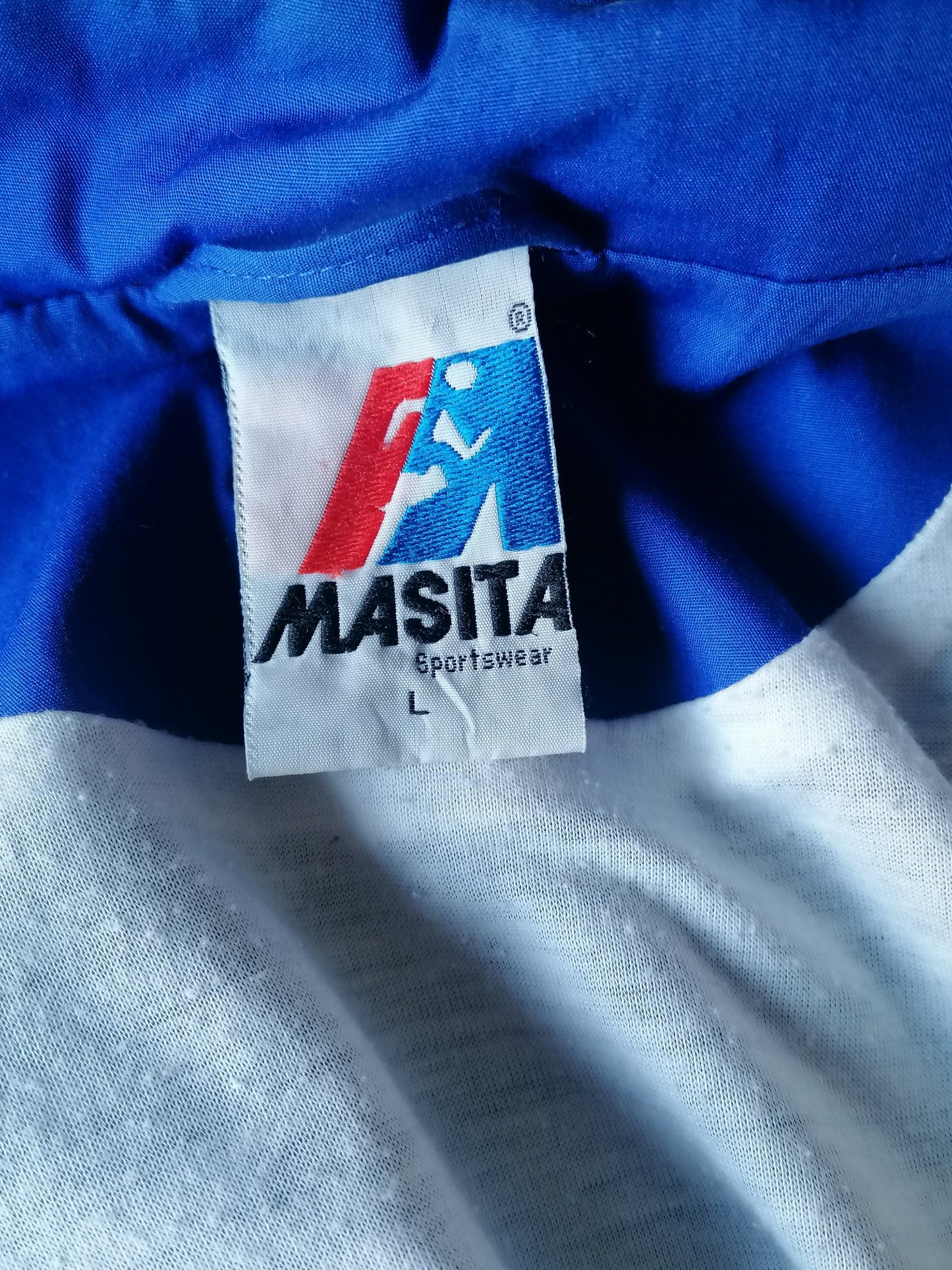 Vintage Masita Original 80's-90's trainingsjack. Blauw Wit Groen Zwart gekleurd. Maat L >> XL.