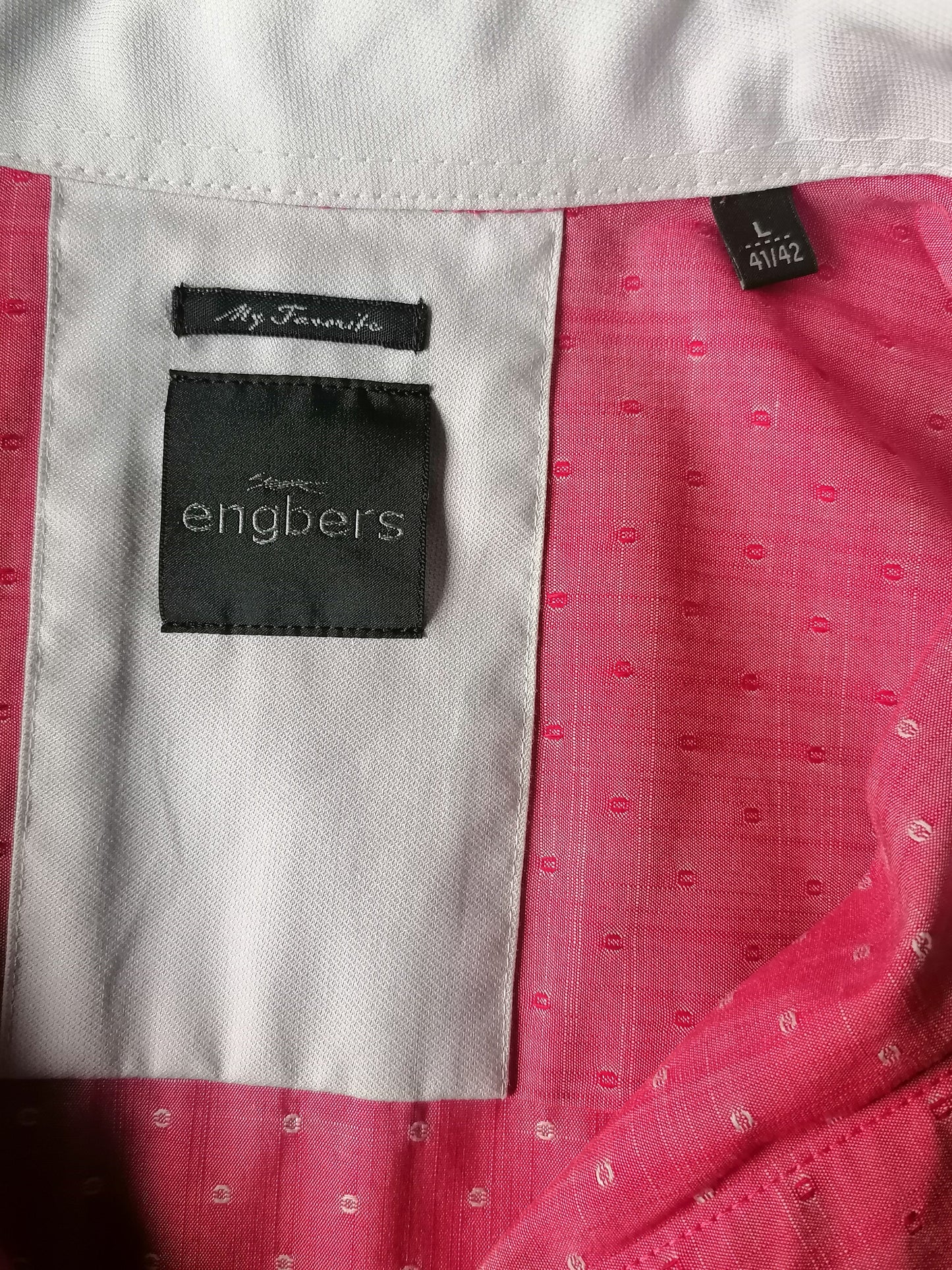 Engbers shirt short sleeve. Pink red palpable motif. Size L.