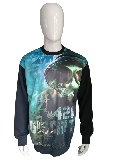 B choice: Equ Equalizer sweater. Blue green print front. Size XXL. hole back.