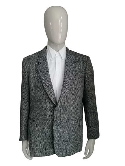Vintage Nicola & Aberto Harris Tweed Jacke. Schwarzes beige Fischgrätenmotiv. Größe 54 / L.