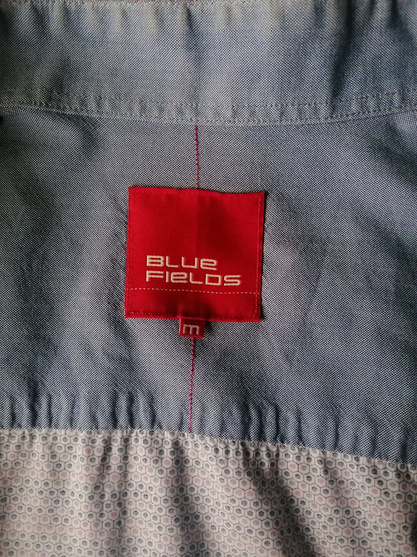 Blue Fields shirt. Blue purple pink print. Size M.
