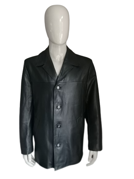 L&B Leather fashion leather jacket with buttons. Black smooth soft leather. Size 54 / L.